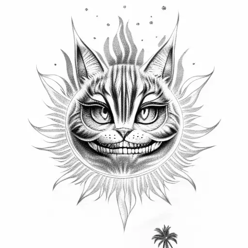 Cheshire cat, palm tree, sun, wave tattoo design idea