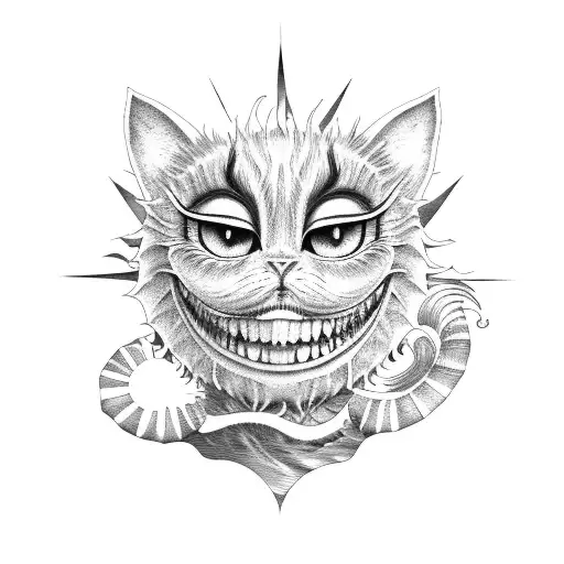 Cheshire cat, palm tree, sun, wave sleeve tattoo design idea