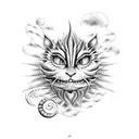 Cheshire cat, palm tree, sun, wave sleeve tattoo design idea