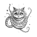 Cheshire cat, palm tree, sun, wave sleeve tattoo design idea