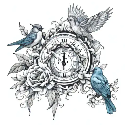 A surreal tattoo of a clock made of flowers and birds symbolizing the passage of time and nature's beauty tattoo design idea