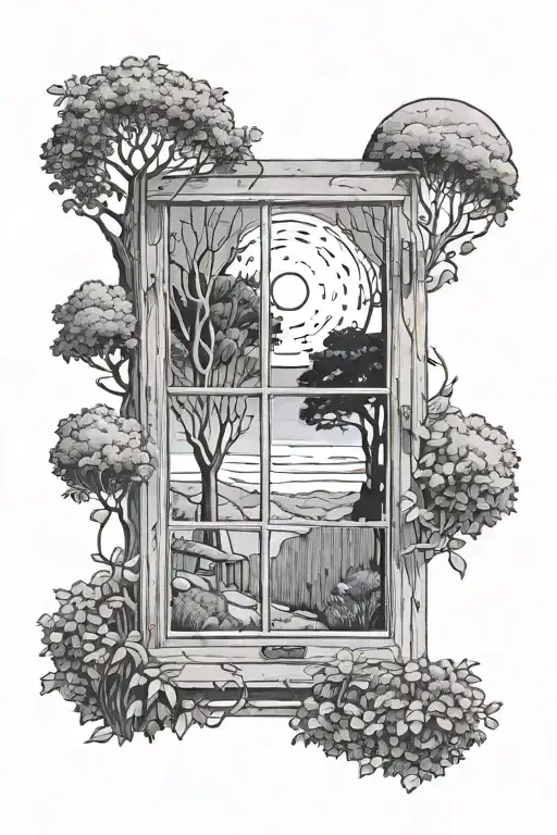 A window with the glass broken out that views a backyard with trees and bushes and a wooden fence with a solar eclipse tattoo design idea