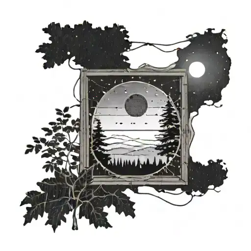 A window with the glass broken out that views a backyard with trees and bushes and a wooden fence with a solar eclipse tattoo design idea