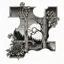 A window with the glass broken out that views a backyard with trees and bushes and a wooden fence with a solar eclipse tattoo design idea