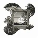 A window with the glass broken out that views a backyard with trees and bushes and a wooden fence with a solar eclipse tattoo design idea