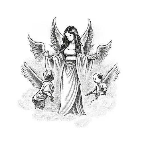 A black-grey tattoo of a guardian angel watching over a family gathered around a table, symbolizing the presence of the deceased father tattoo design idea