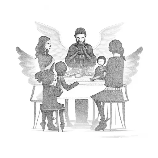 A black-grey tattoo of a guardian angel watching over a family gathered around a table, symbolizing the presence of the deceased father tattoo design idea