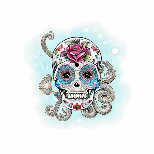 sugar skull, diamond eyes, diving mask, octopus tenticles, mexico bright colours tattoo design idea