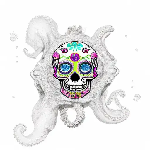 sugar skull, gem eyes, diving mask, octopus tenticles, mexico bright colours tattoo design idea