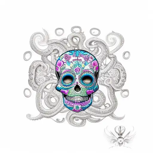 sugar skull, diamond eyes, diving mask, octopus tenticles, mexico bright colours tattoo design idea