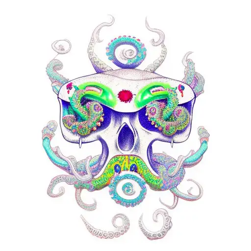 sugar skull, gem eyes, diving mask, octopus tenticles, mexico bright colours tattoo design idea