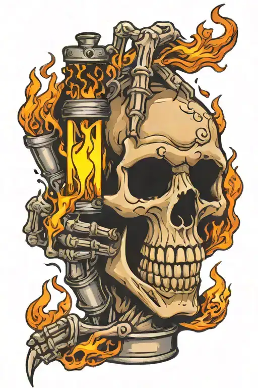 skeleton hand holding lighter with flames tattoo design idea