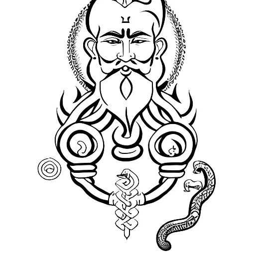 mix of tribal shiva with beard, stern look, trident and snake tattoo design idea