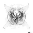 phoenix with sword, triangle, circle and fire tattoo design idea