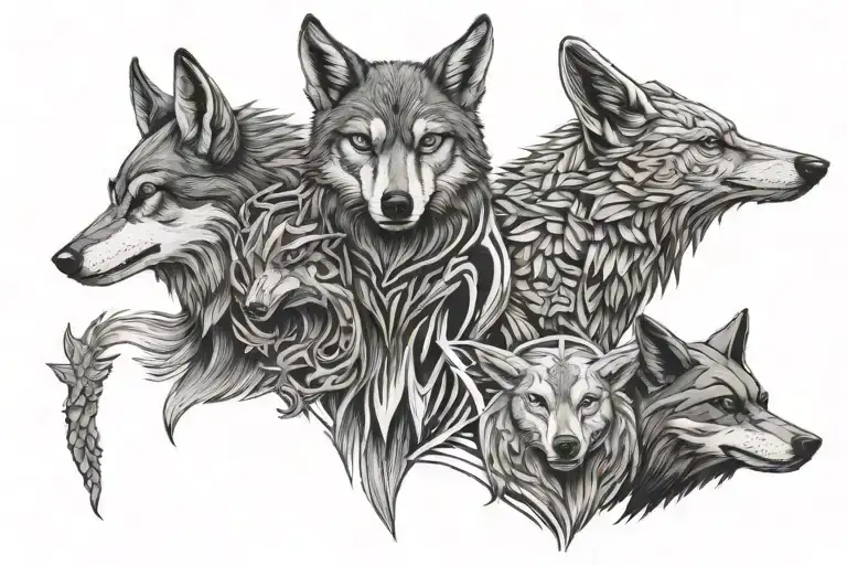 a woodpecker, a wolf and a bull  tattoo design idea