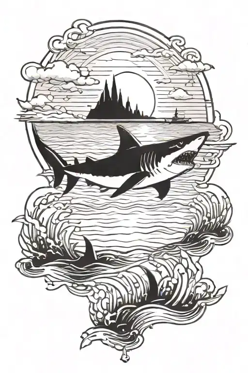 sunset in the background, small boat in the front, fishing in calm water. A shark fin in front and fish jumping water tattoo design idea