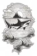 sunset in the background, small boat in the front, fishing in calm water. A shark fin in front and fish jumping water tattoo design idea