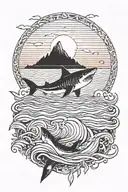 sunset in the background, small boat in the front, fishing in calm water. A shark fin in front and fish jumping water tattoo design idea