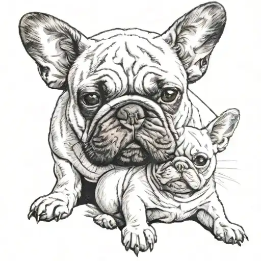 a white and gray cat are hugging and a black French bulldog is nearby tattoo design idea