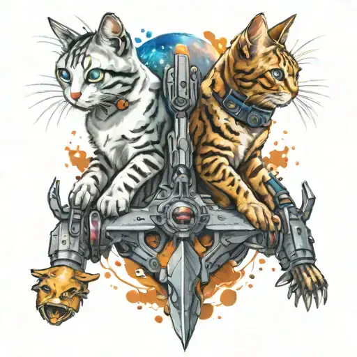 aggressive cats in colors with space weapons tattoo design idea