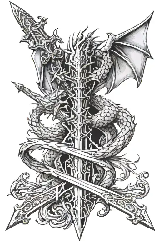 dragon wings crown sword  tattoo design idea
