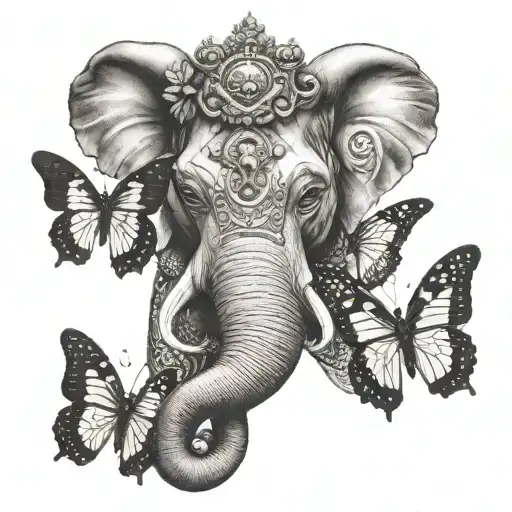 Ganesha the elephant head with butterfly  tattoo design idea