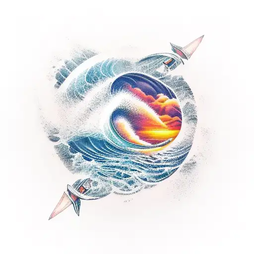 Ocean wave with odyssey ship and sky on fire on upper left back tattoo design idea