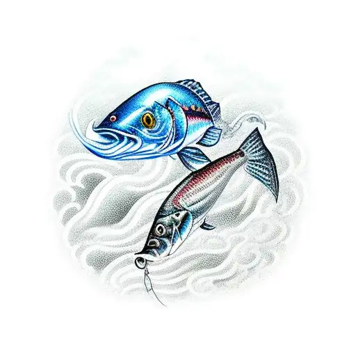 An intricately detailed fishing lure surrounded by waves, representing the love for fishing and water tattoo design idea