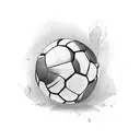 A dynamic composition of a soccer ball floating on a tranquil lake surface tattoo design idea
