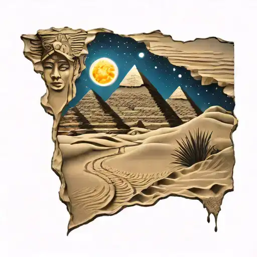 Forearm tattoo of Egyptian surroundings of pyramids, sand, moon and someone walking in the sand leaving footprints behin tattoo design idea