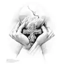 cross with water and the creation of adam hands tattoo design idea