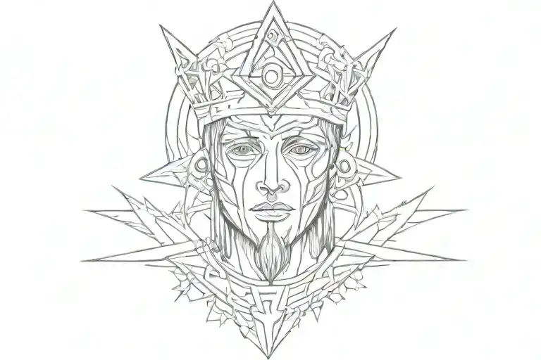 half burned face with Masonic, Illuminati, Templar knights, and ancient religious symbols. tattoo design idea