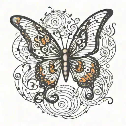 A butterfly made up of musical notes and nails, with the number 555 incorporated into the design tattoo design idea
