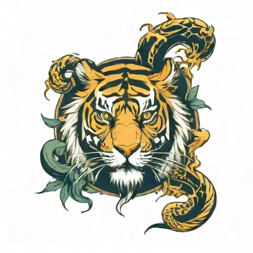 zeus face with ligthning and tiger fighting with snake   tattoo design idea