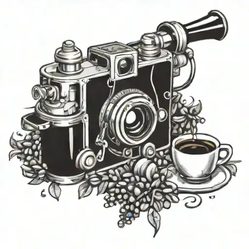 A tattoo of a vintage movie camera surrounded by coffee beans and anime characters tattoo design idea