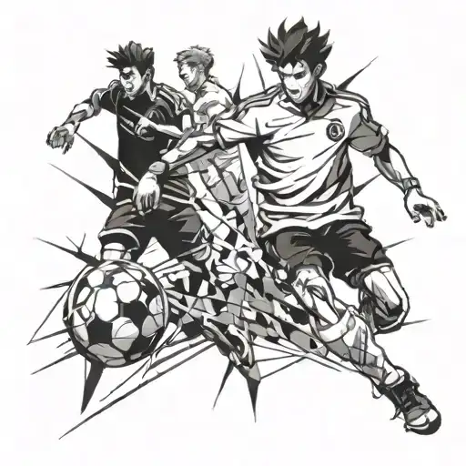 Combine elements of anime and football to create a dynamic action scene featuring a player scoring a goal with a futuristic twist tattoo design idea