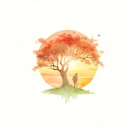 Arriving in Heaven with sunset behind tree with family waiting  tattoo design idea