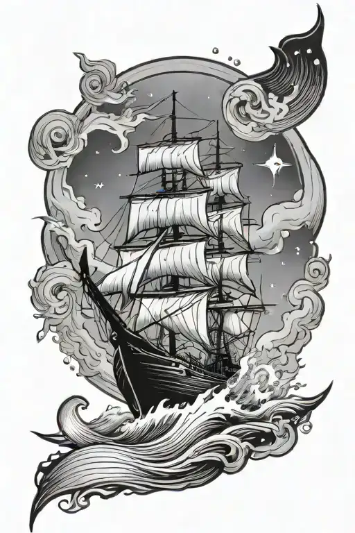 1 Boat and northern lights shining tattoo design idea
