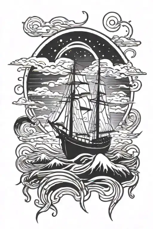 1 Boat and northern lights shining tattoo design idea