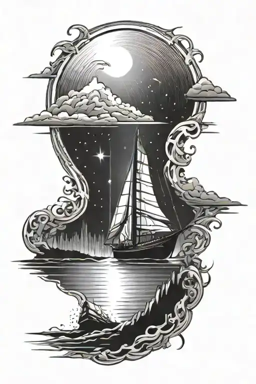 1 Boat and northern lights shining tattoo design idea