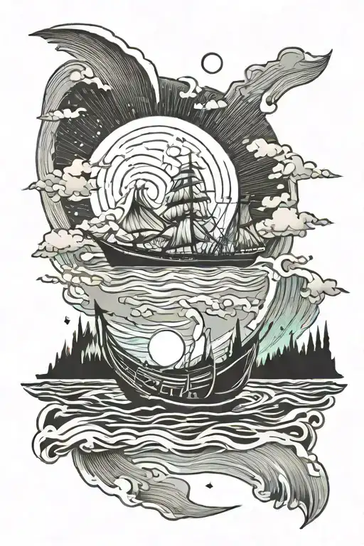 Boat and northern lights shining tattoo design idea