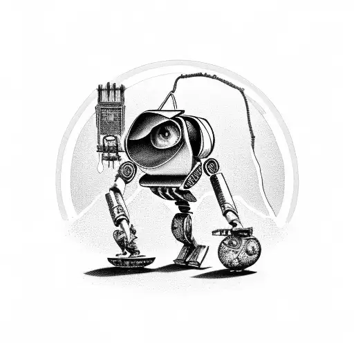 A surreal scene featuring WALL-E and EVE in a communist utopia tattoo design idea