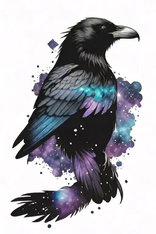 Crow with black, blue, purple iridescent wings that are closed, and a cosmic galaxy background tattoo design idea