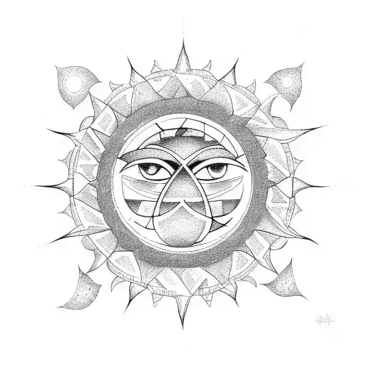 A tattoo design that incorporates the symbols for sun, moon, and stars into a minimalist BJJ-inspired pattern, using dotwork style tattoo design idea