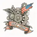 American flag, gears, spark plug and text get busy living or get busy dying  tattoo design idea