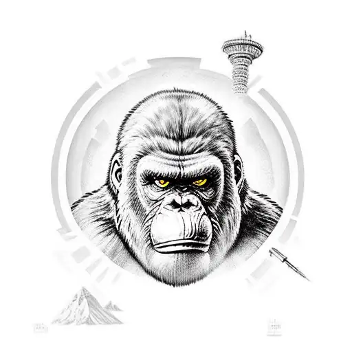 king Kong  gritando con arma en mano con columnas olimpicas detras tattoo design idea
