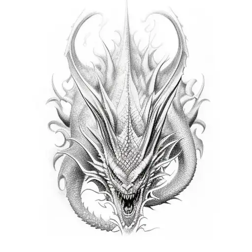 dragon cuerpo completo oscuro refejos blancos rugiendo  tattoo design idea