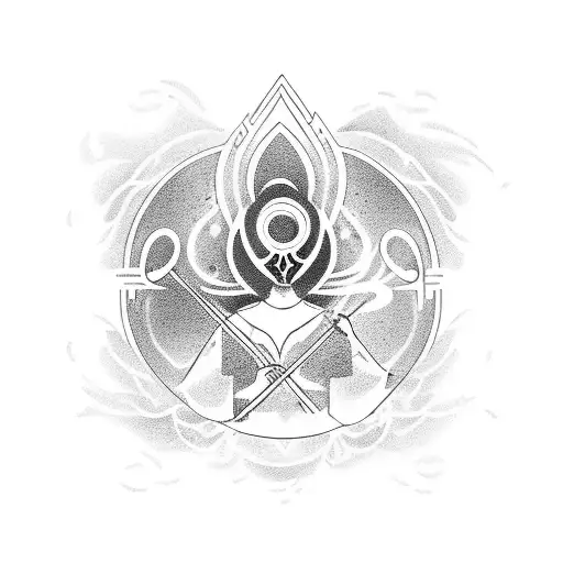 A mystical scene of a masked figure playing a haunting melody on a violin, surrounded by swirling smoke and mysterious s tattoo design idea