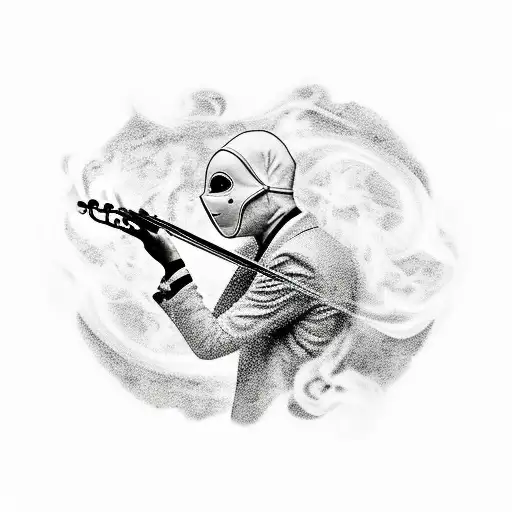 A mystical scene of a masked figure playing a haunting melody on a violin, surrounded by swirling smoke and mysterious s tattoo design idea