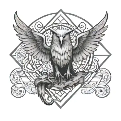 the daemon Camio, bird head and wings, sitting cross legged atop his sigil icon, reading an ancient tome tattoo design idea